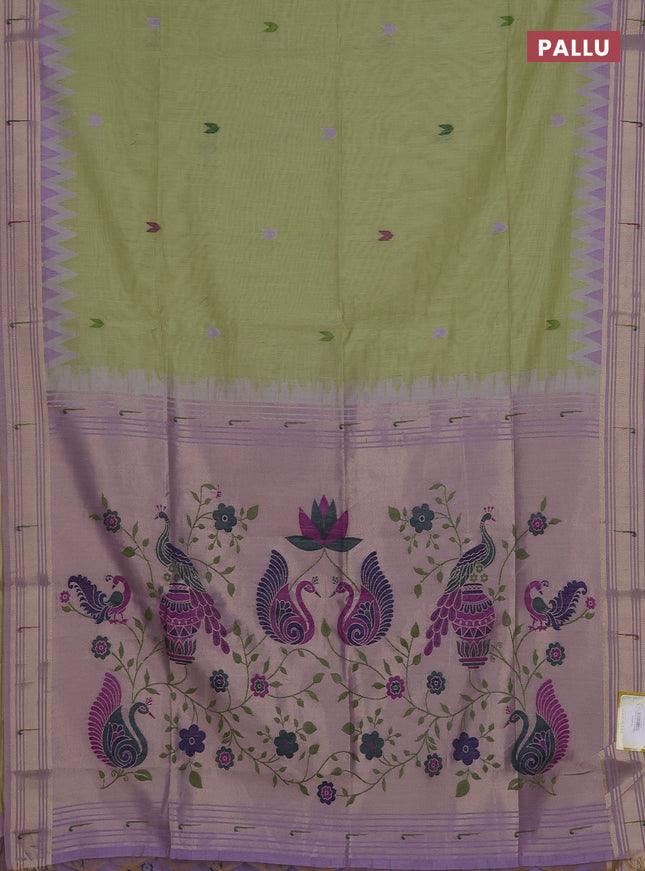 Munga cotton saree pista green and lavender with thread woven buttas and zari woven paithani design pallu