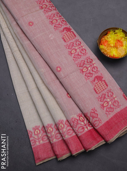 Munga cotton saree beige and pink with thread woven buttas and woven border