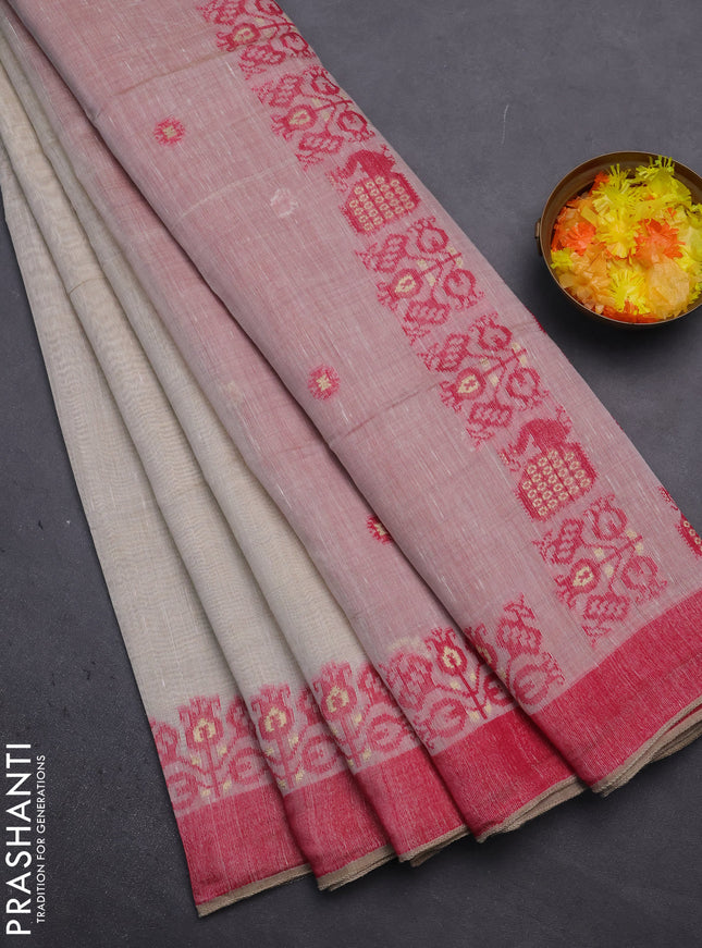 Munga cotton saree beige and pink with thread woven buttas and woven border