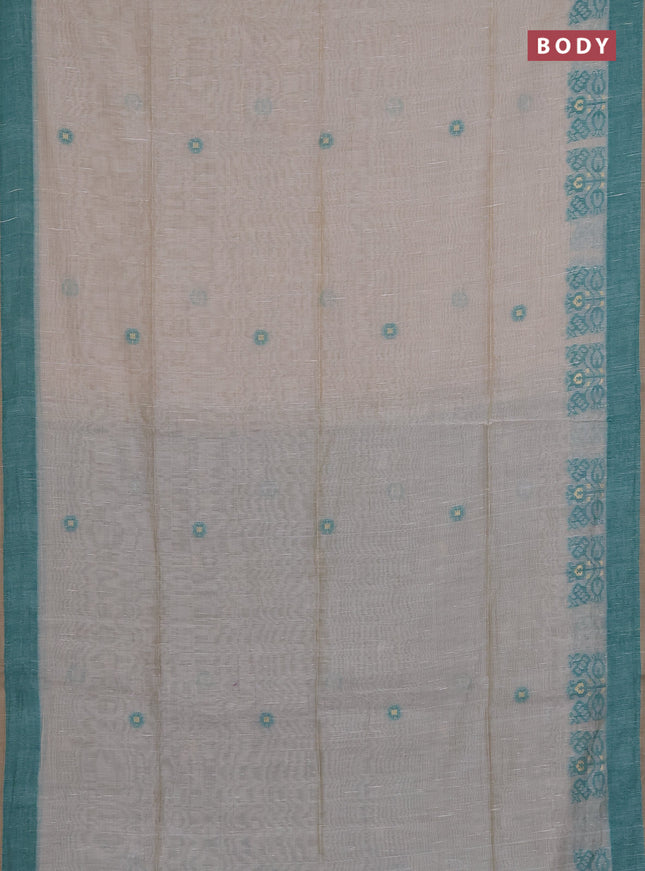 Munga cotton saree beige and teal shade with thread woven buttas and woven border