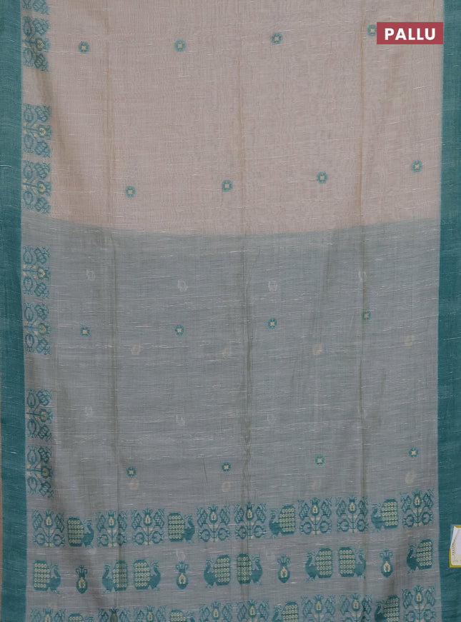 Munga cotton saree beige and teal shade with thread woven buttas and woven border