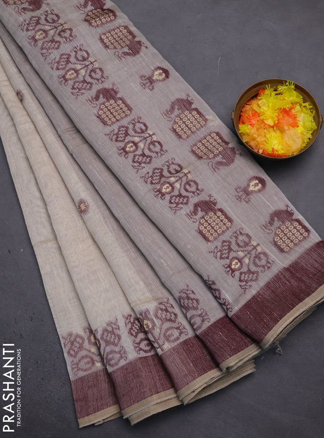 Munga cotton saree beige and deep maroon with thread woven buttas and woven border