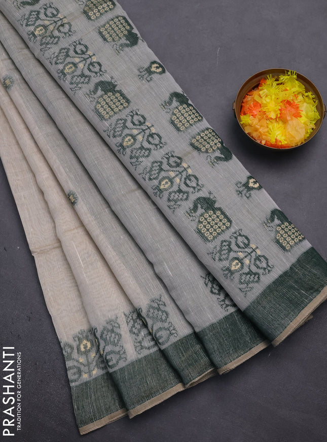 Munga cotton saree beige and green with thread woven buttas and woven border