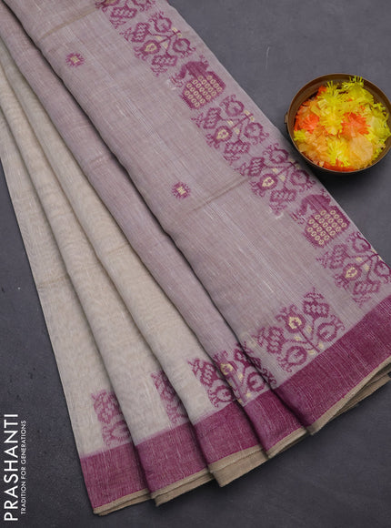 Munga cotton saree beige and purple with thread woven buttas and woven border