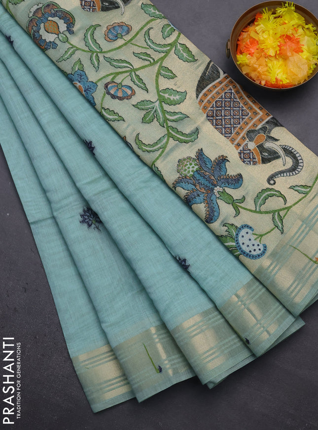 Munga cotton saree teal blue with thread woven floral buttas and floral design weaving pallu