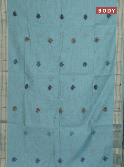 Munga cotton saree teal blue with thread woven floral buttas and floral design weaving pallu
