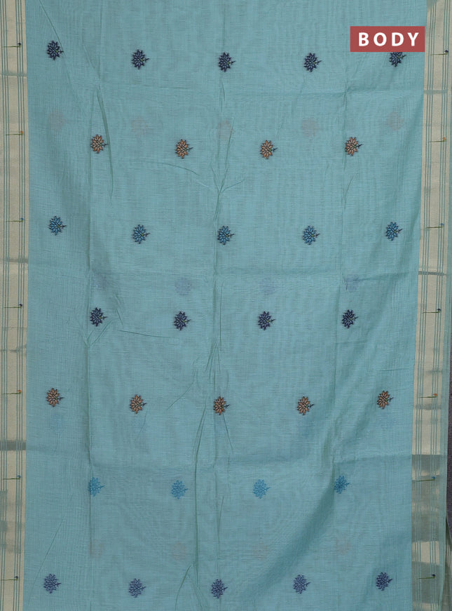 Munga cotton saree teal blue with thread woven floral buttas and floral design weaving pallu