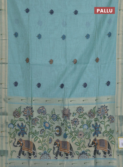 Munga cotton saree teal blue with thread woven floral buttas and floral design weaving pallu
