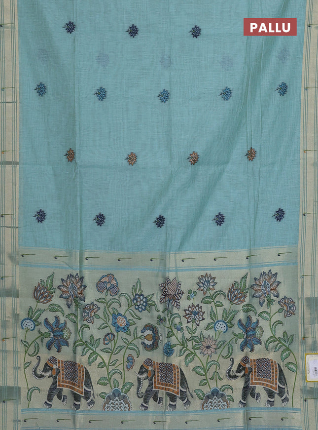 Munga cotton saree teal blue with thread woven floral buttas and floral design weaving pallu