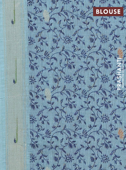 Munga cotton saree teal blue with thread woven floral buttas and floral design weaving pallu