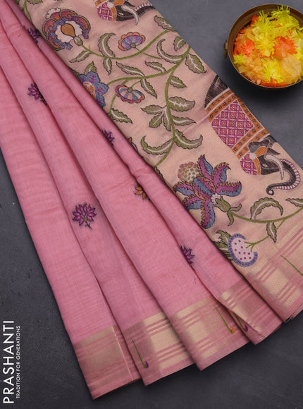 Munga cotton saree peach pink with thread woven floral buttas and floral design weaving pallu
