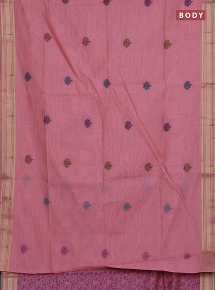 Munga cotton saree peach pink with thread woven floral buttas and floral design weaving pallu
