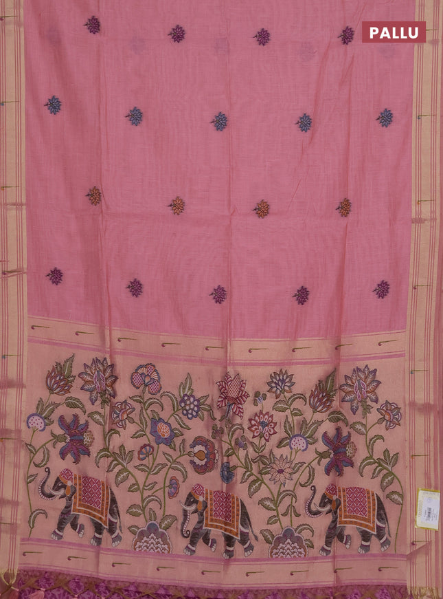 Munga cotton saree peach pink with thread woven floral buttas and floral design weaving pallu
