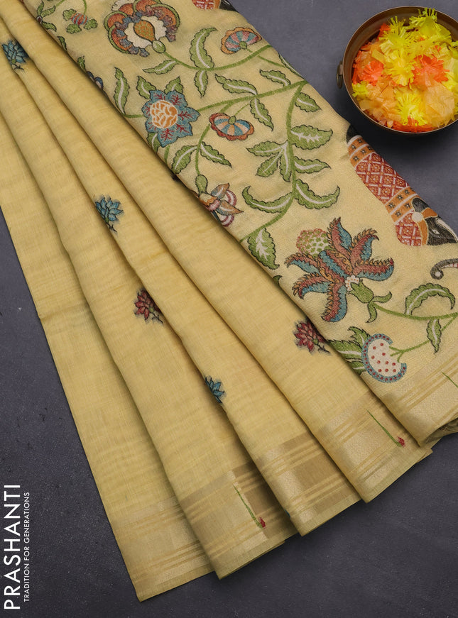 Munga cotton saree pale yellow with thread woven floral buttas and floral design weaving pallu