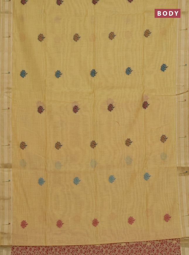 Munga cotton saree pale yellow with thread woven floral buttas and floral design weaving pallu