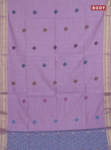 Munga cotton saree lavender with thread woven floral buttas and floral design weaving pallu