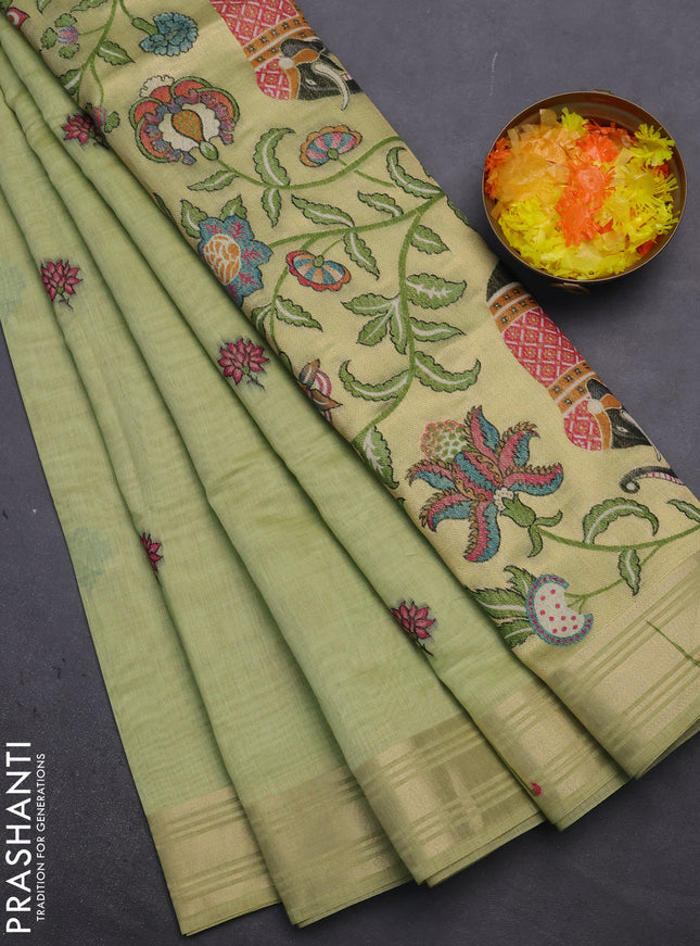 Munga cotton saree pista green with thread woven floral buttas and floral design weaving pallu