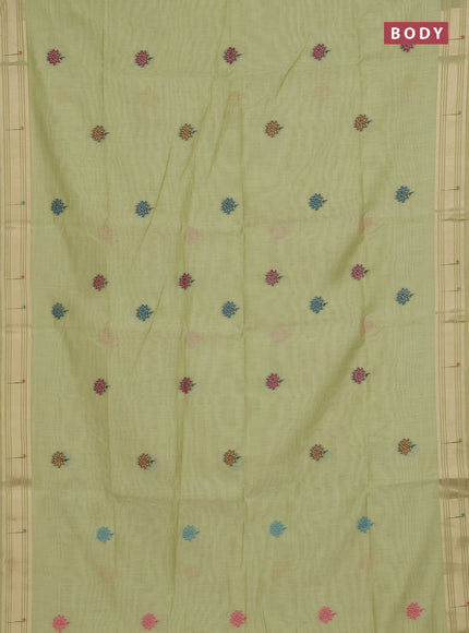 Munga cotton saree pista green with thread woven floral buttas and floral design weaving pallu