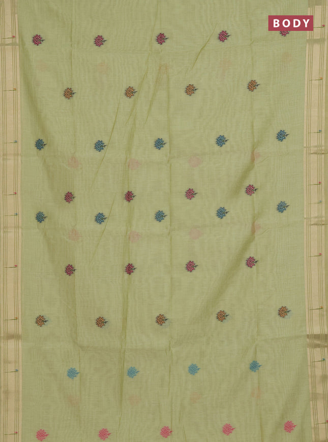 Munga cotton saree pista green with thread woven floral buttas and floral design weaving pallu