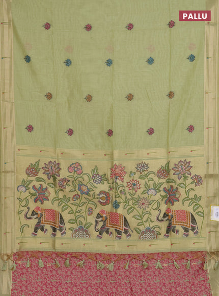 Munga cotton saree pista green with thread woven floral buttas and floral design weaving pallu
