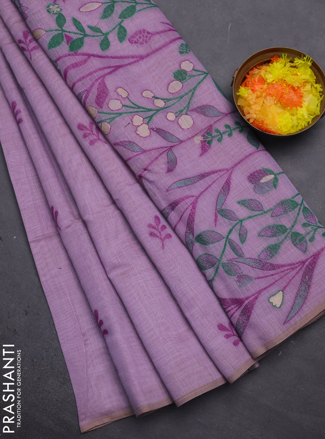 Munga cotton saree lavender with thread woven floral buttas in borderless style