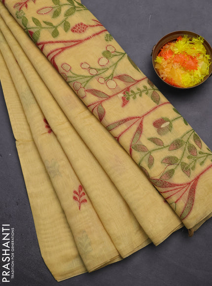 Munga cotton saree yellow with thread woven floral buttas in borderless style
