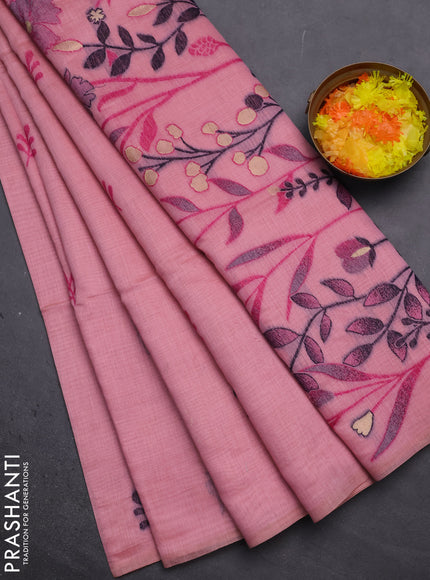 Munga cotton saree peach pink with thread woven floral buttas in borderless style