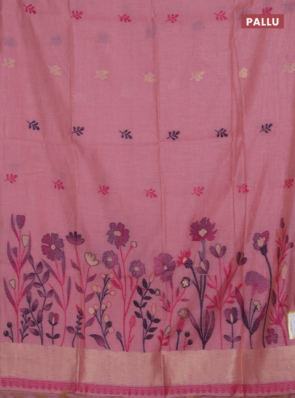 Munga cotton saree peach pink with thread woven floral buttas in borderless style