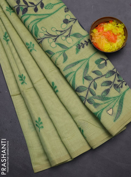Munga cotton saree light green with thread woven floral buttas in borderless style