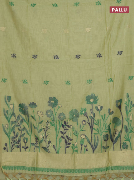 Munga cotton saree light green with thread woven floral buttas in borderless style