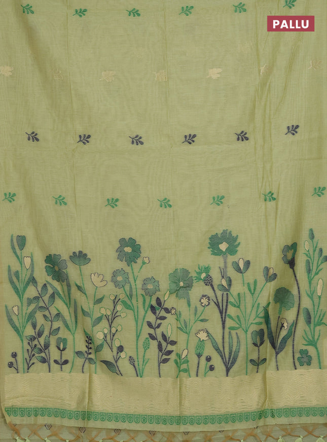 Munga cotton saree light green with thread woven floral buttas in borderless style
