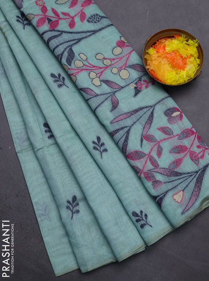 Munga cotton saree teal blue with thread woven floral buttas in borderless style