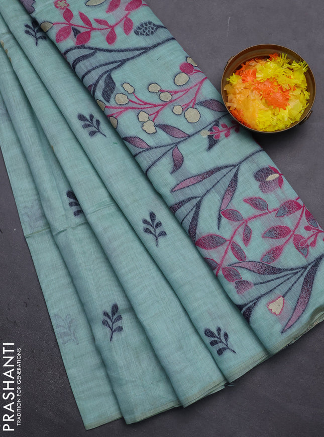 Munga cotton saree teal blue with thread woven floral buttas in borderless style
