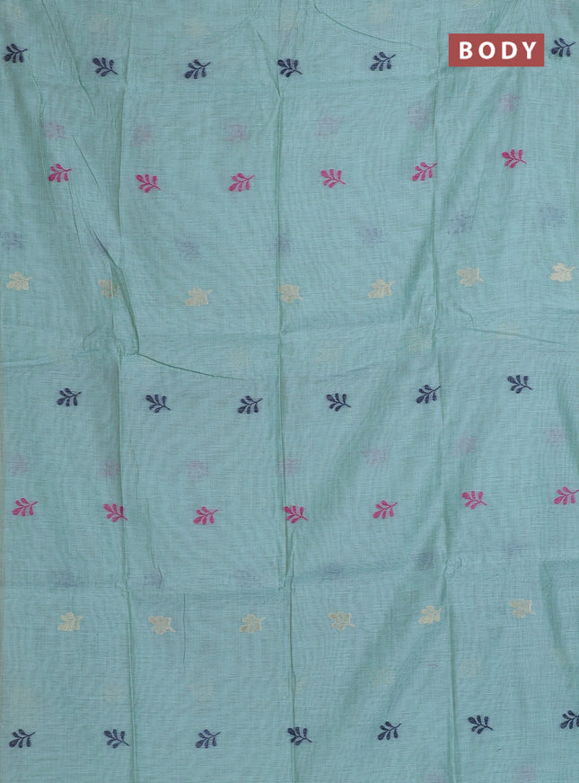 Munga cotton saree teal blue with thread woven floral buttas in borderless style