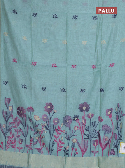 Munga cotton saree teal blue with thread woven floral buttas in borderless style