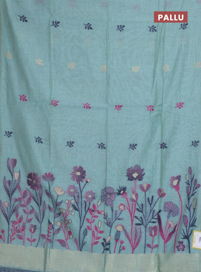 Munga cotton saree teal blue with thread woven floral buttas in borderless style