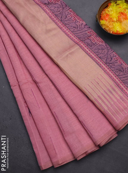 Munga cotton saree peach pink with thread & zari woven floral buttas in borderless style