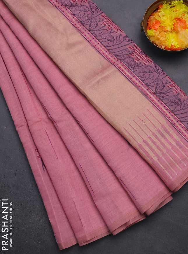 Munga cotton saree peach pink with thread & zari woven floral buttas in borderless style