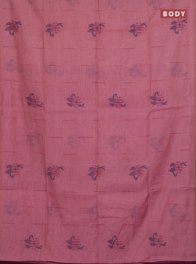 Munga cotton saree peach pink with thread & zari woven floral buttas in borderless style