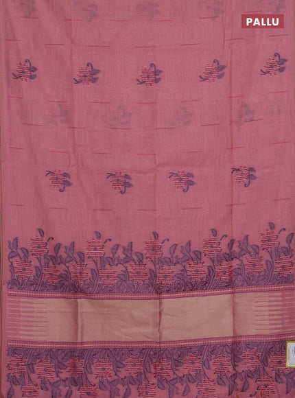 Munga cotton saree peach pink with thread & zari woven floral buttas in borderless style