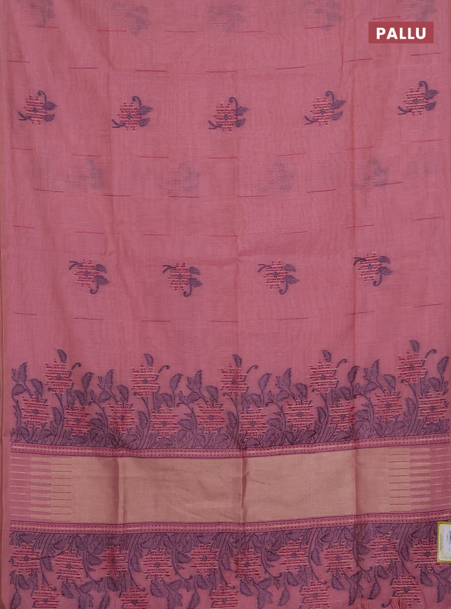 Munga cotton saree peach pink with thread & zari woven floral buttas in borderless style