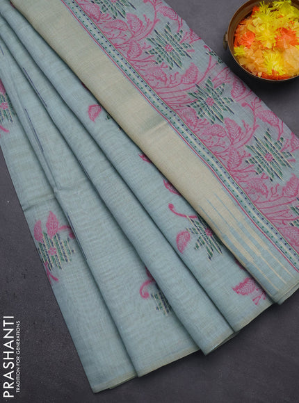 Munga cotton saree pastel blue with thread & zari woven floral buttas in borderless style
