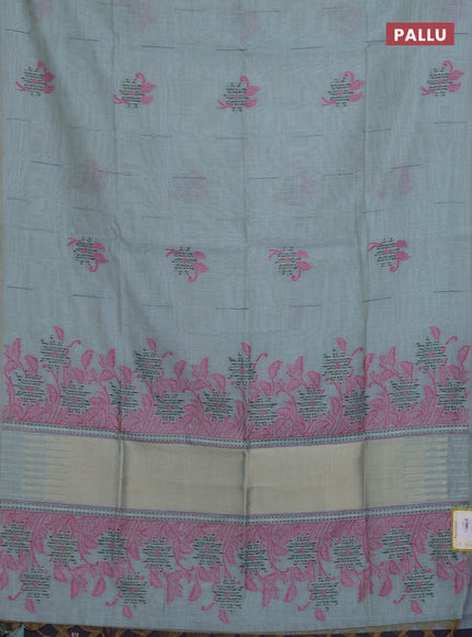 Munga cotton saree pastel blue with thread & zari woven floral buttas in borderless style