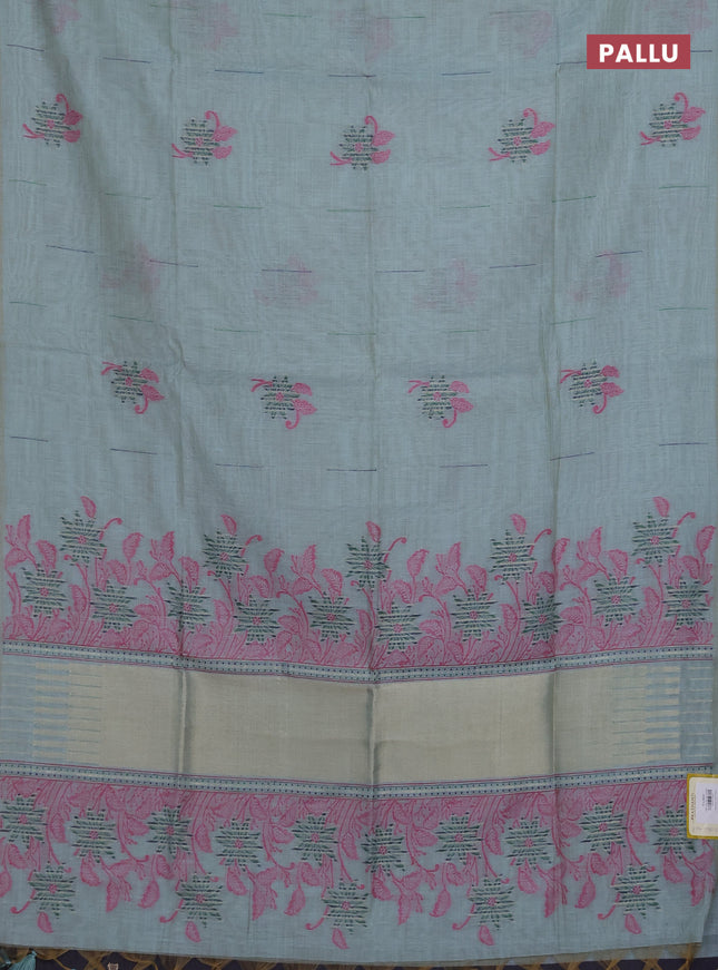 Munga cotton saree pastel blue with thread & zari woven floral buttas in borderless style