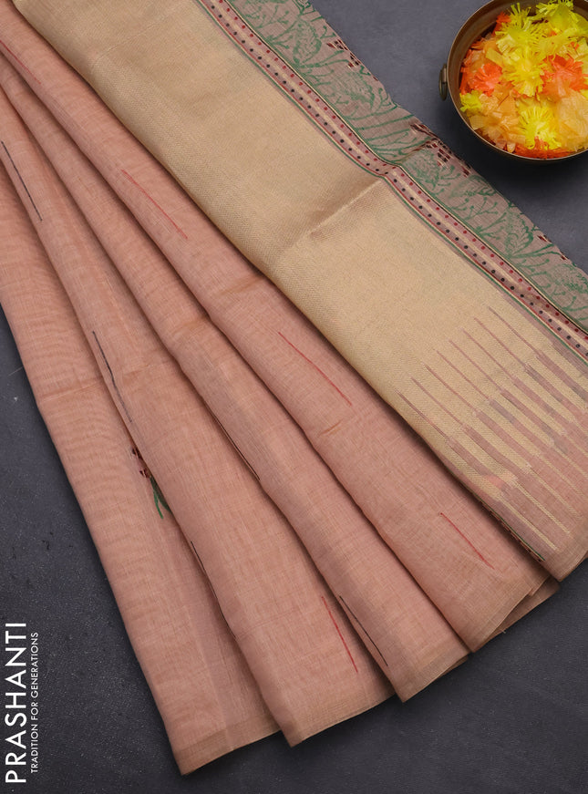 Munga cotton saree sandal with thread & zari woven floral buttas in borderless style