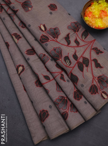 Munga cotton saree grey and black with thread woven floral buttas in borderless style