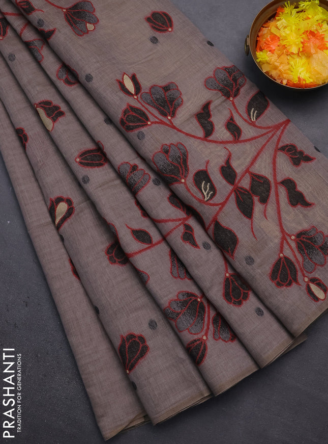 Munga cotton saree grey and black with thread woven floral buttas in borderless style