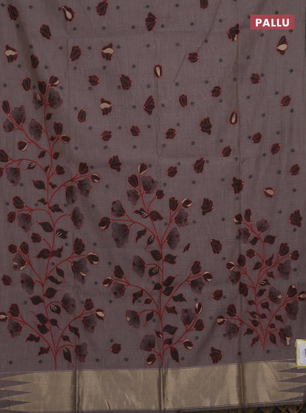 Munga cotton saree grey and black with thread woven floral buttas in borderless style