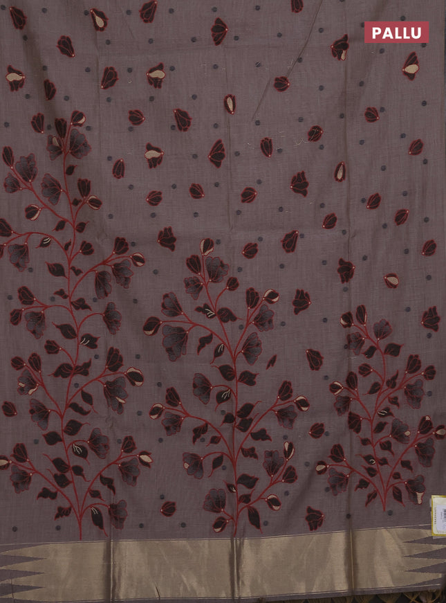 Munga cotton saree grey and black with thread woven floral buttas in borderless style