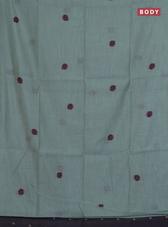 Munga cotton saree pastel green and navy blue with thread woven floral buttas in borderless style